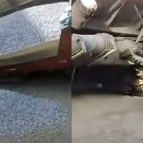 Divinópolis: Buraco em obra da Prefeitura deixa caminhão inclinado no Sidil